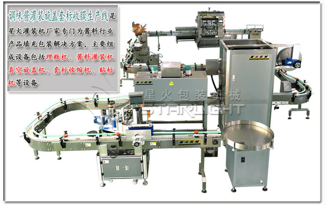 星火調(diào)味醬灌裝旋蓋套標收膜生產(chǎn)線介紹及設備展示
